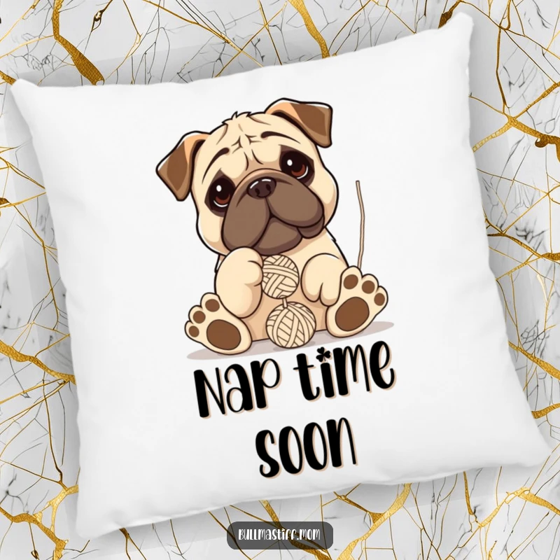 Funny Bullmastiff pillow showcasing a dog with oversized paws playfully and comically batting at a dangling ball of yarn.