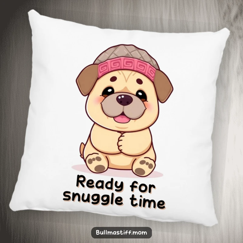 Funny Bullmastiff pillow featuring a chemoerful dog wearing winter hat, paws outstretched for a welcoming, humorous hug.