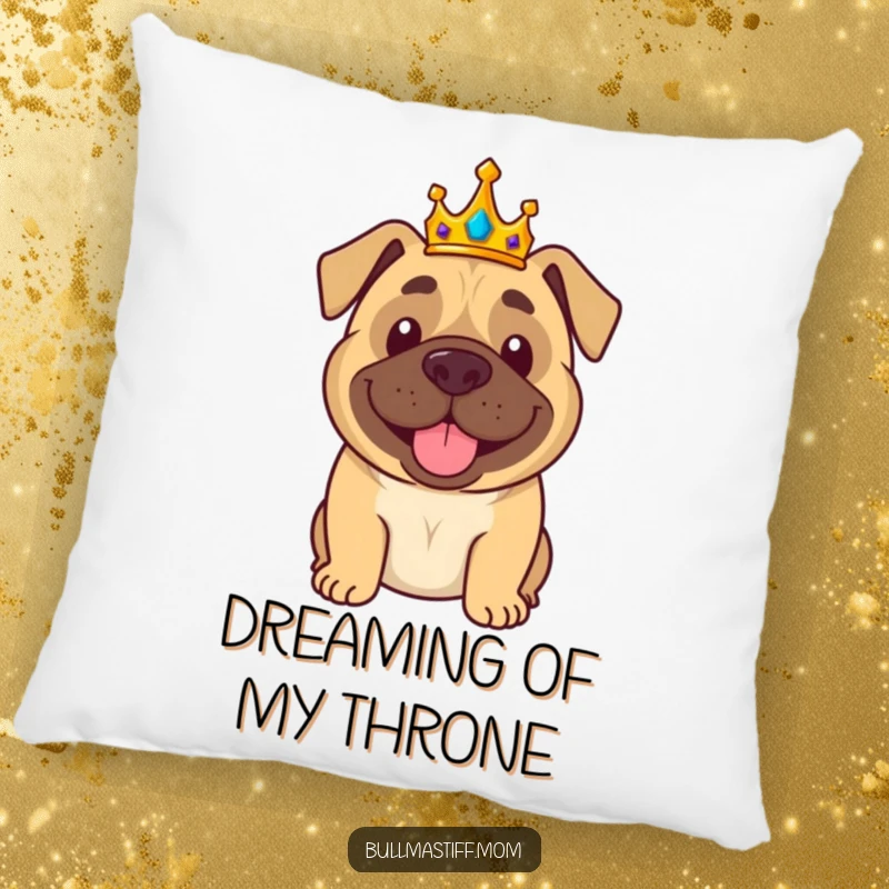 Funny Bullmastiff Pillow: A crowned bullmastiff waves regally, offering plush comfort and royal humor.