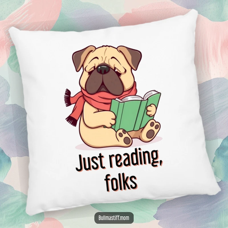 Funny Bullmastiff dog wearing a scarf, comfortably reading a book, on a soft pillow, a humorous decorative gift.