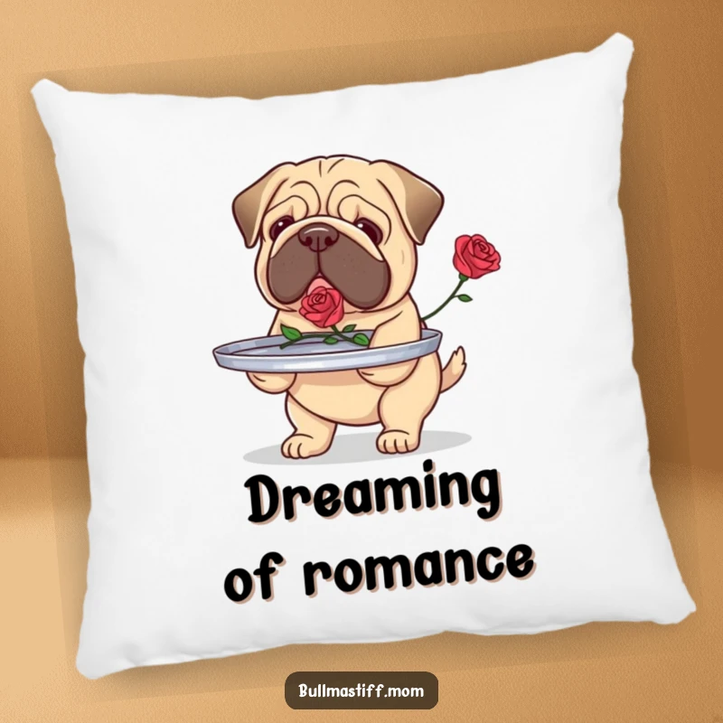 Funny Bullmastiff pillow featuring a dog carefully carrying a tray with a single rose, offering soft comfort and devoted humor.