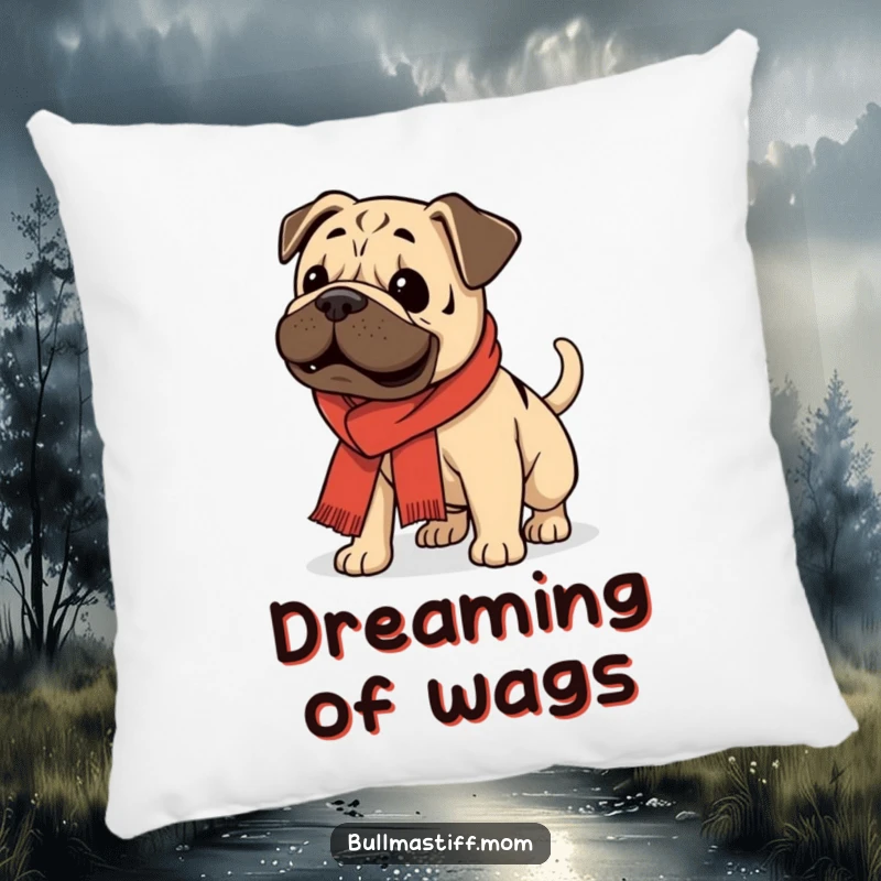 Soft pillow featuring a funny Bullmastiff wearing a scarf, its tail wagging enthusiastically, a cheerful accent.