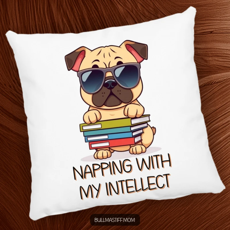 Funny Bullmastiff Pillow: A dog in sunglasses balancing books, offering a plush, humorous, and intelligent decorative accent.