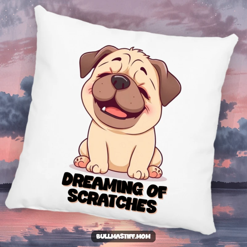 Funny Bullmastiff pillow showing a happy dog enjoying a gentle head scratch, a soft and humorous cushion for ultimate relaxation.