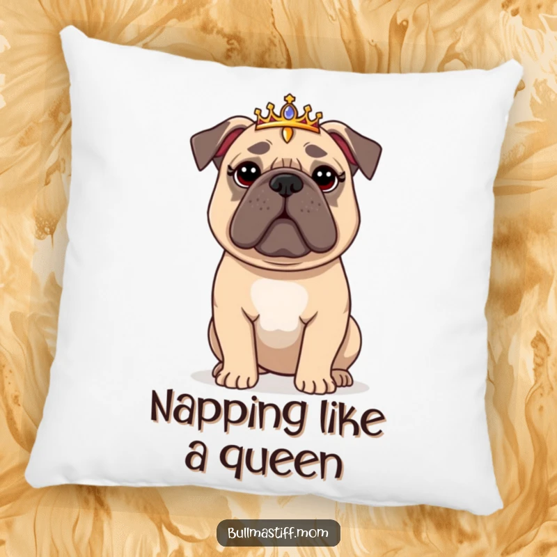 Funny Bullmastiff Pillow: A regal Bullmastiff wearing a tiara, perfect for humorous and cozy home decor.