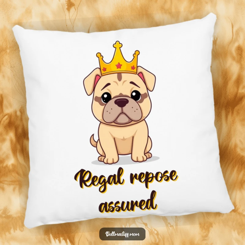 Funny pillow featuring a confident Bullmastiff wearing a crown, soft and decorative, exuding royal canine charm.