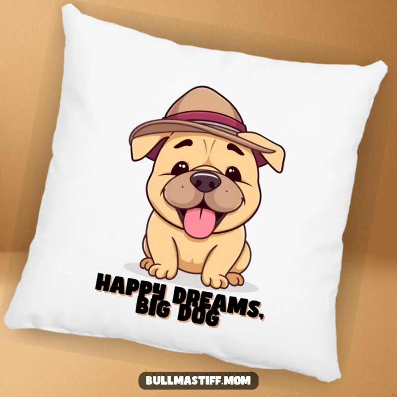 Funny Bullmastiff Pillow featuring a happy dog in a silly hat, barking with joy, offering humorous comfort.