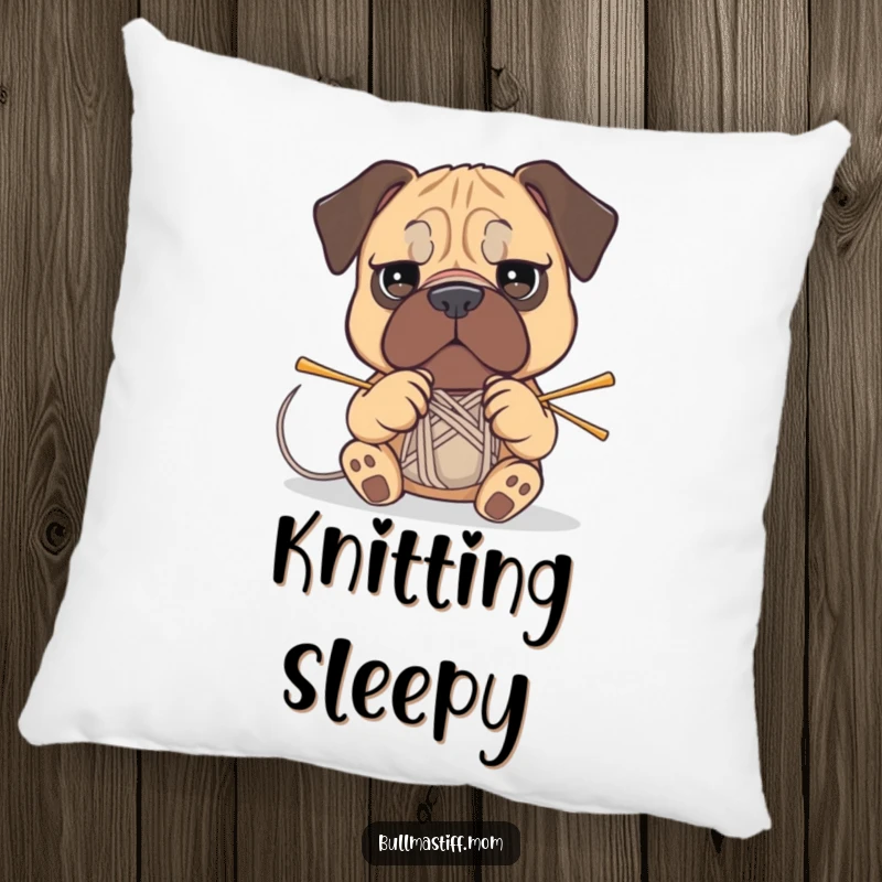 Funny Bullmastiff pillow featuring a determined dog attempting to knit with yarn and needles, cozy crafting theme.