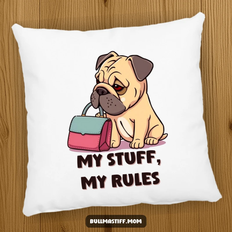 Funny Bullmastiff Handbag Pillow: A Bullmastiff with a dainty handbag looks introspectively, designed for cozy and humorous relaxation.