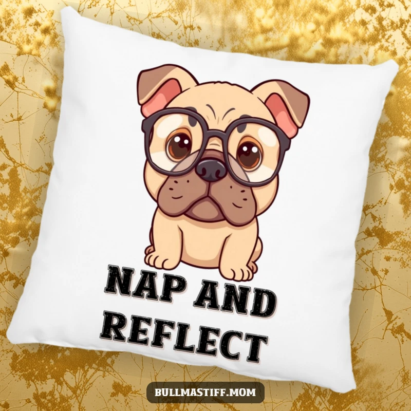 Soft, funny pillow featuring a thoughtful Bullmastiff with oversized spectacles, adding coziness and humor.