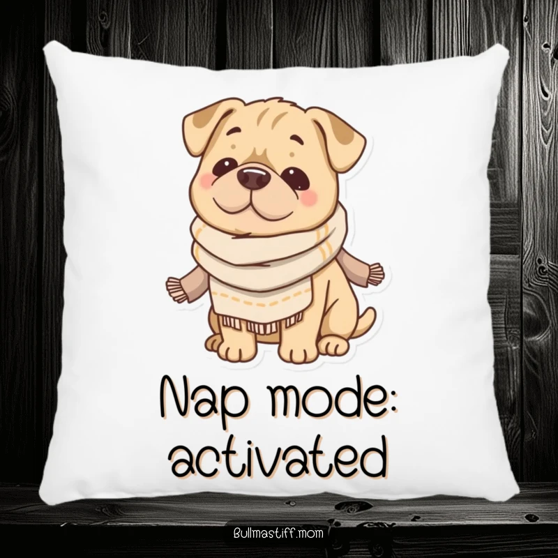 Funny Bullmastiff pillow featuring a content dog in a soft scarf, offering cozy comfort and humorous charm. Perfect gift.