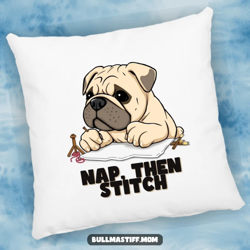 Funny Bullmastiff attempting embroidery with large, clumsy paws, depicted on a soft pillow, adding humorous crafting vibes to any room.