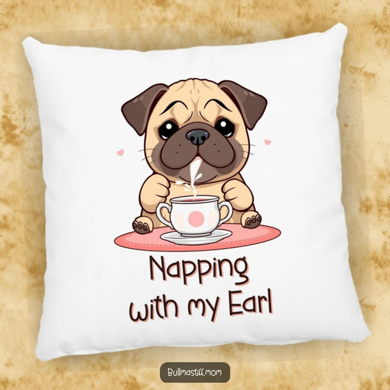 Funny Bullmastiff Pillow: A bullmastiff delicately pours tea, offering plush comfort and charm.