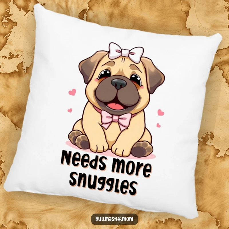 Funny Bullmastiff pillow featuring a happy dog with a bow receiving a warm hug, offering comfort and evoking feelings of pure joy.