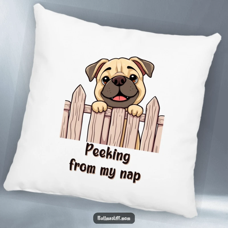 Funny Bullmastiff pillow depicting a curious dog happily peeking over a fence, offering cozy comfort and playful charm.