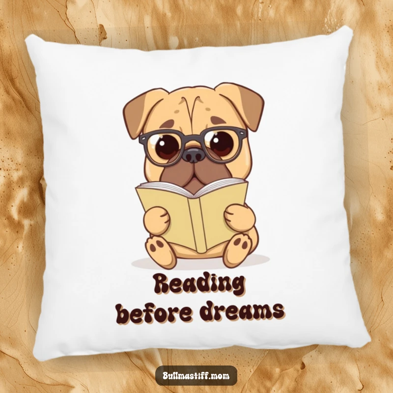 Funny Bullmastiff Pillow: A Bullmastiff dog wearing reading glasses is pictured with a book, looking cozy.