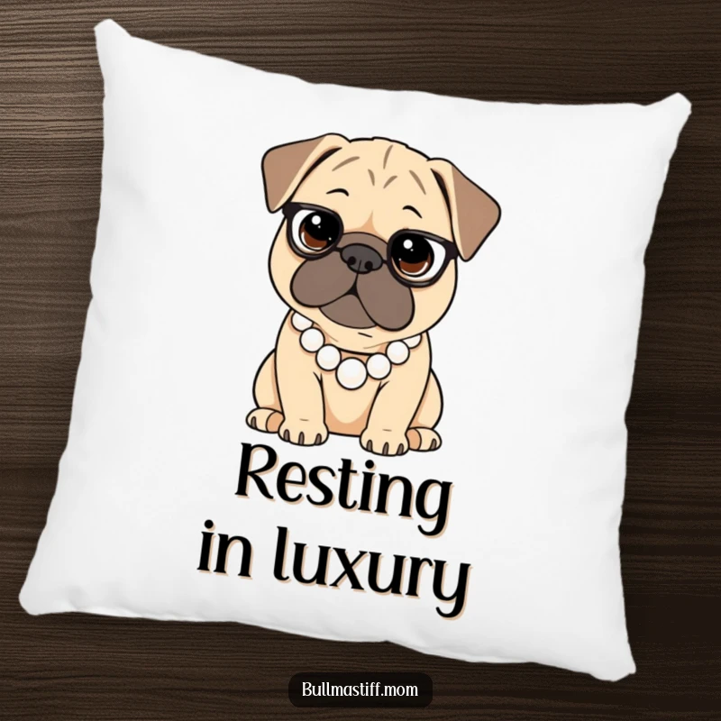 Funny Bullmastiff pillow showcasing a dog wearing a pearl necklace, offering comfort and sophisticated humor.