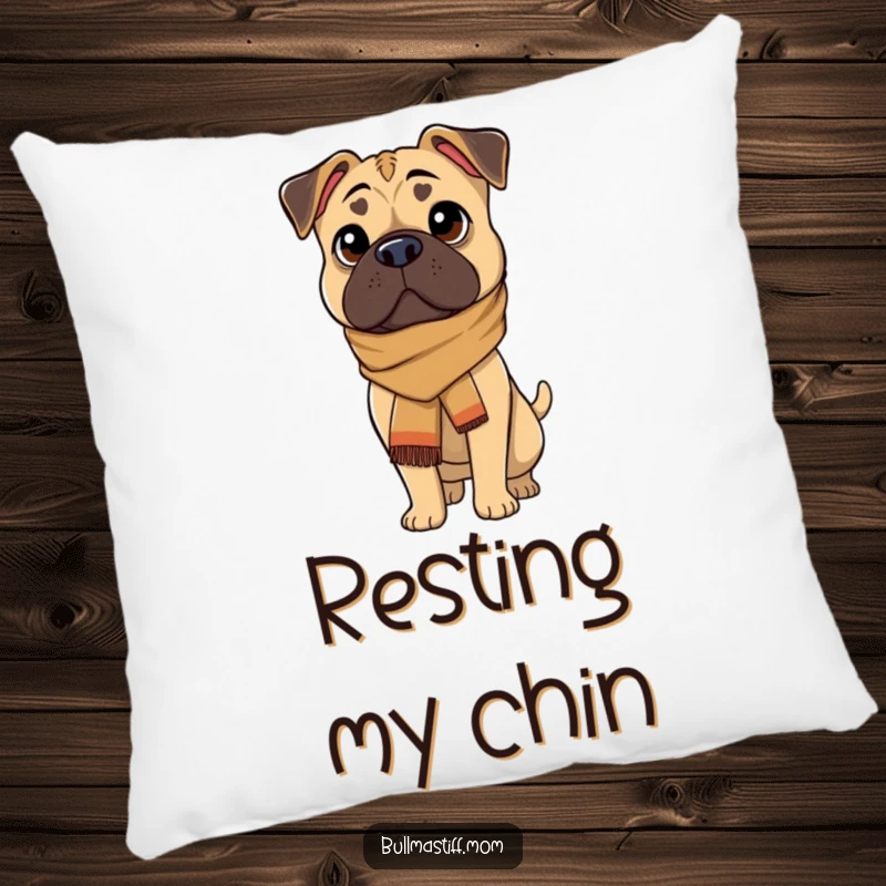 Soft, funny pillow featuring a Bullmastiff dog in a stylish scarf, looking sophisticated and cozy.