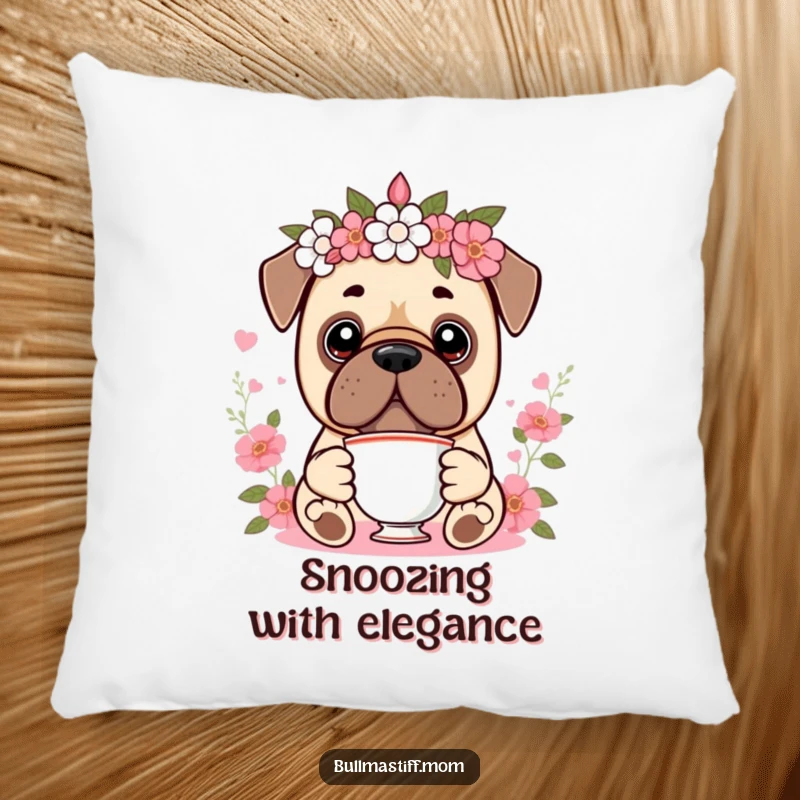 Funny Kawaii Bullmastiff Pillow with a cute dog wearing a floral crown and holding a teacup, offering comfort and a touch of regal humor.