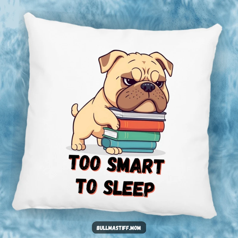 Funny Bullmastiff pillow featuring a dog with a grimace balancing books, adding intellectual humor and comfort. Perfect gift.