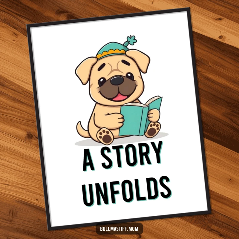 Funny Bookish Bullmastiff Digital Art Print: A smiling Bullmastiff in a hat enjoys a book, offering sophisticated and humorous wall art.