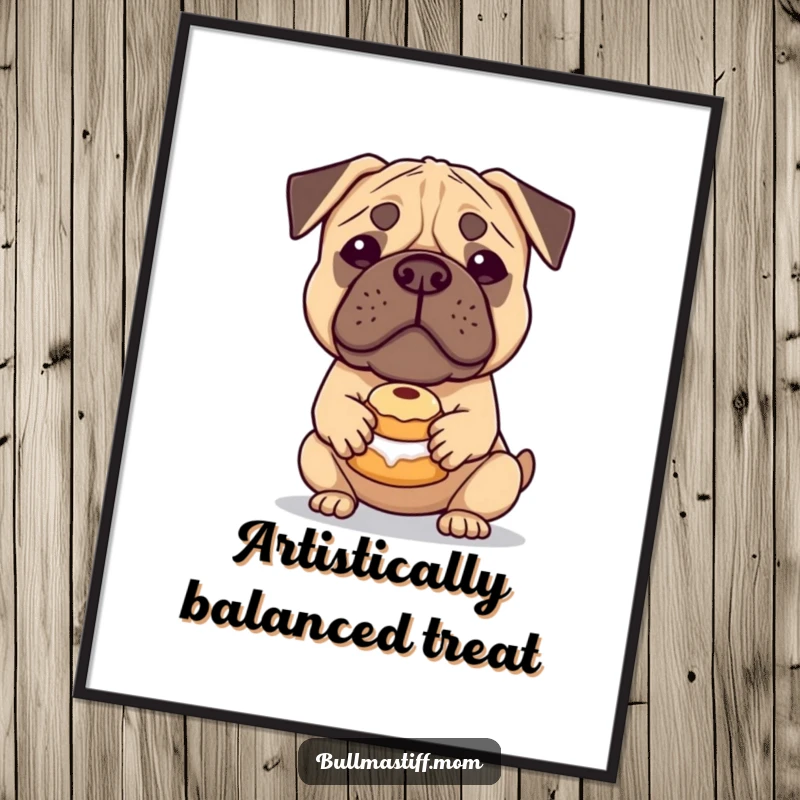 Funny Bullmastiff Digital Art Print: A sweet Bullmastiff balances a small pastry, capturing a moment of gentle humor and charm.