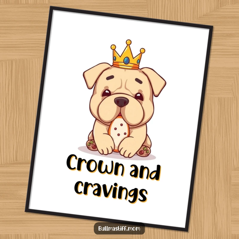 Funny Bullmastiff wearing a tiny crown, happily eating a treat, a humorous digital art print.