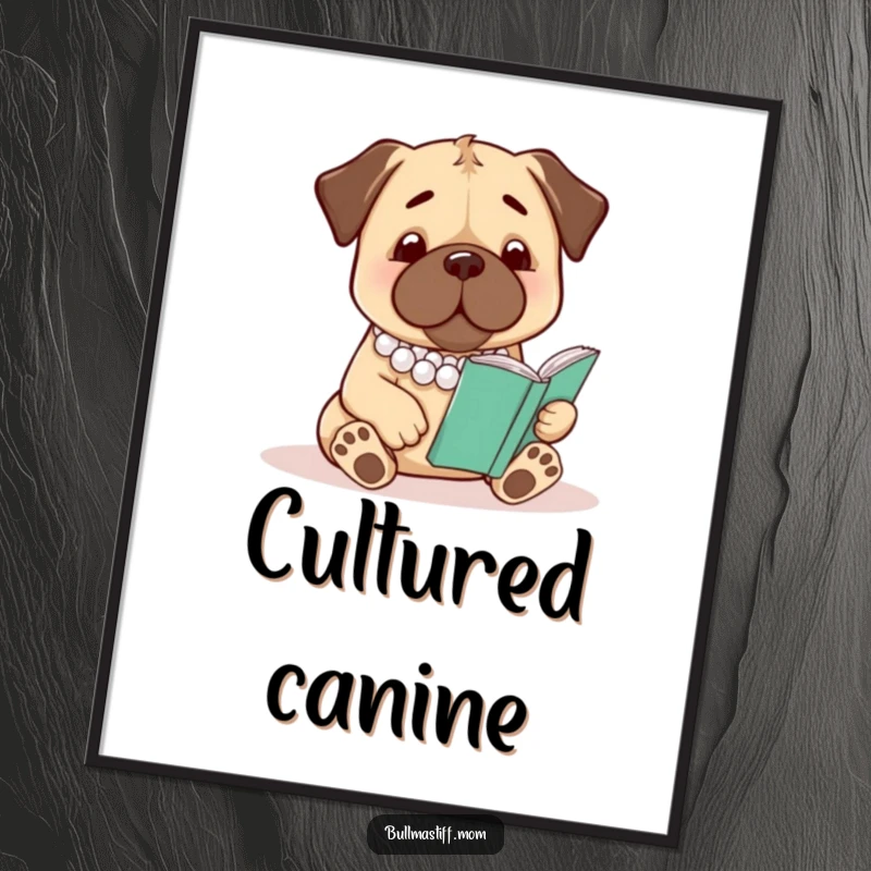 Funny Bullmastiff Digital Art: Printable artwork of a bullmastiff in pearls reading a book.