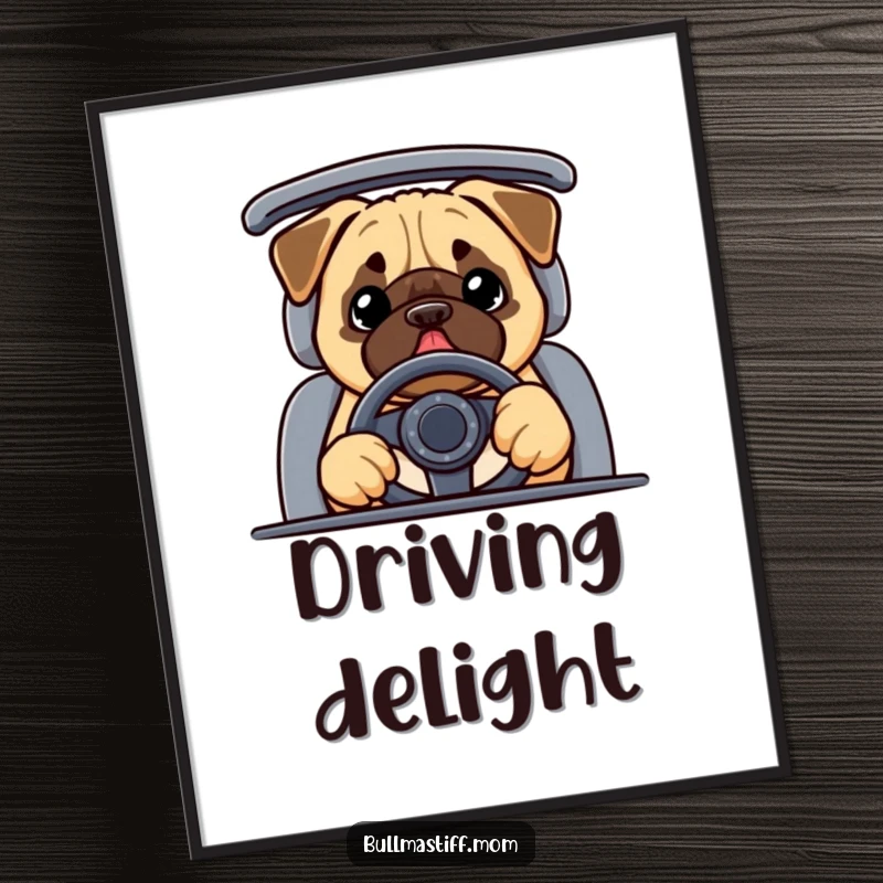 Funny Bullmastiff driving digital art print of a happy dog wearing a steering wheel, ready to be framed.