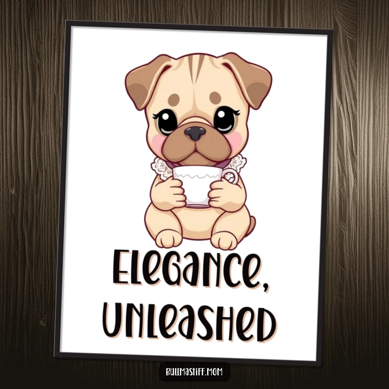 Funny Bullmastiff digital art print of an elegant dog in a lace collar, holding a teacup, offering instant humorous decor.