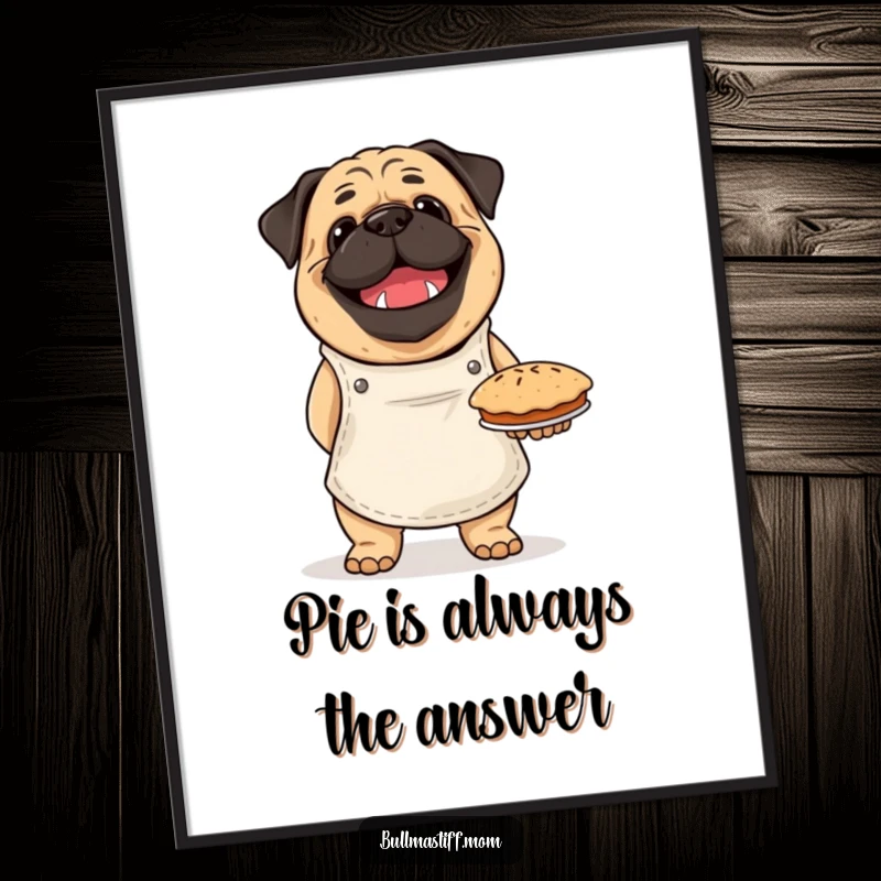 Funny Bullmastiff digital art print of a happy dog in an apron, proudly holding a freshly baked pie, embodying culinary humor.