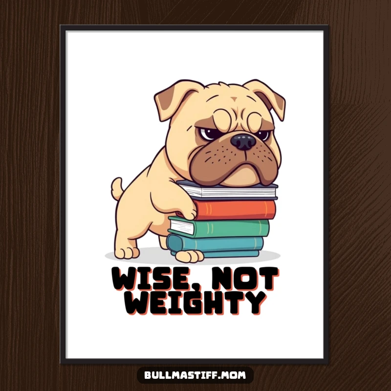 Funny Bullmastiff digital art print of a dog with a grimace balancing a stack of books. Intellectual humor decor. Gift.