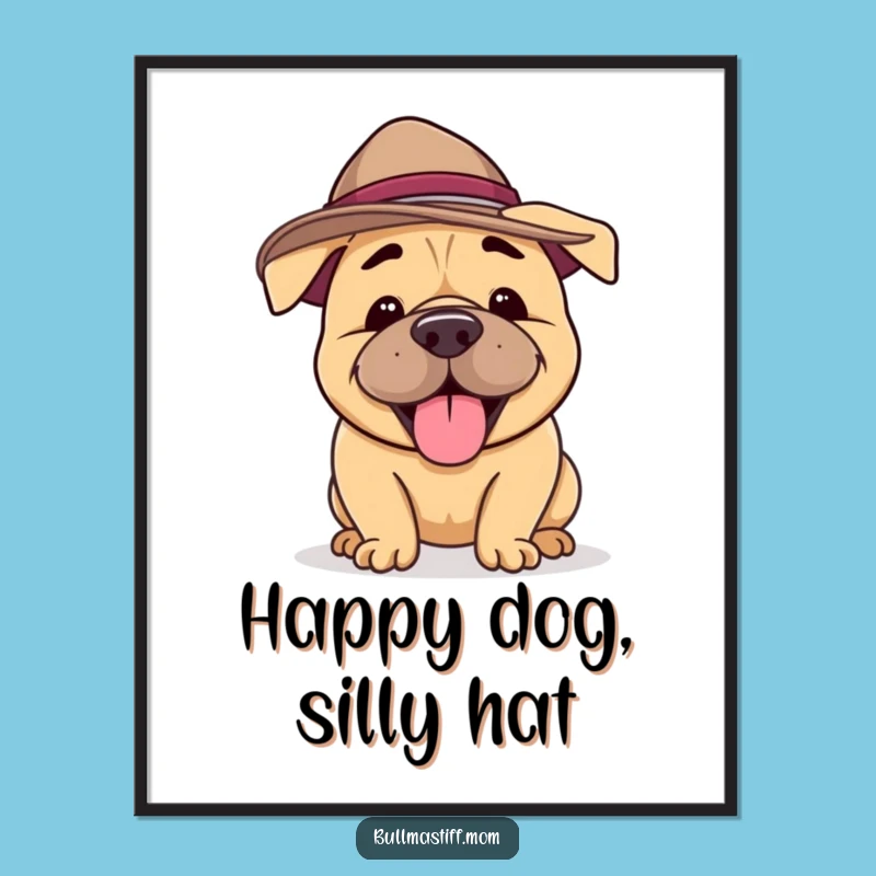 Funny Bullmastiff Hat Digital Art: Happy Dog Print, Instant Funny Gift