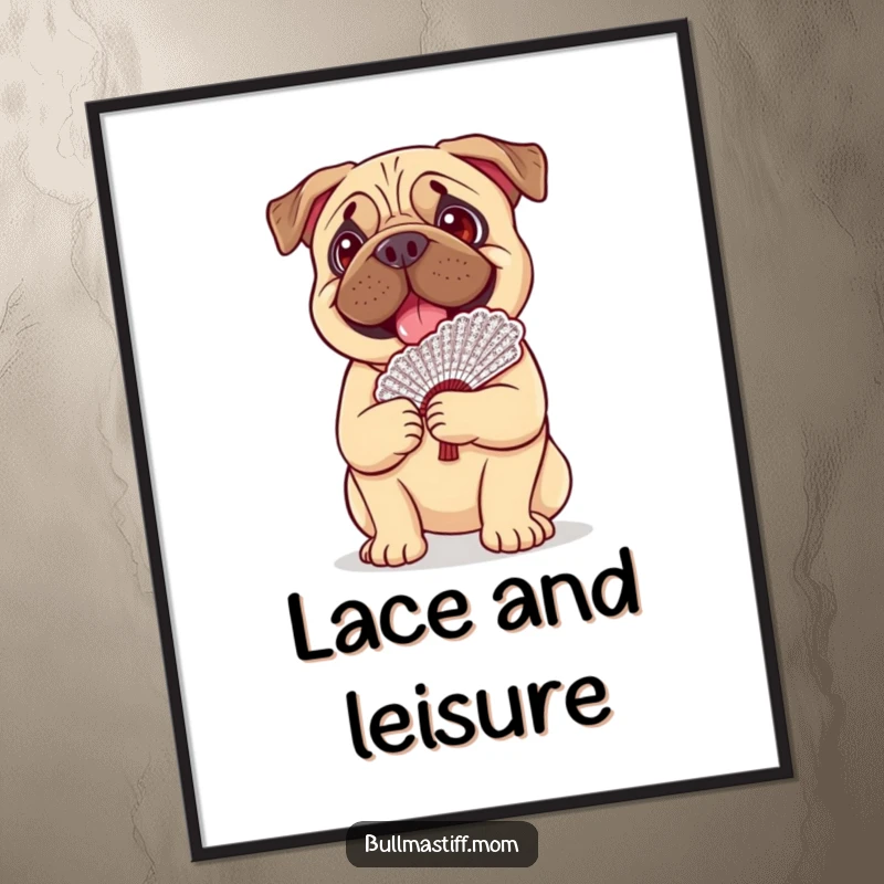 Funny Bullmastiff dog with a happy expression balancing a fancy lace fan, designed as whimsical digital art.