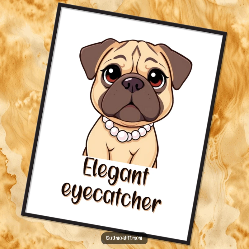 Funny Bullmastiff Digital Art Print of a large dog with kind eyes wearing a pearl necklace, capturing gentle humor and soulful expression.