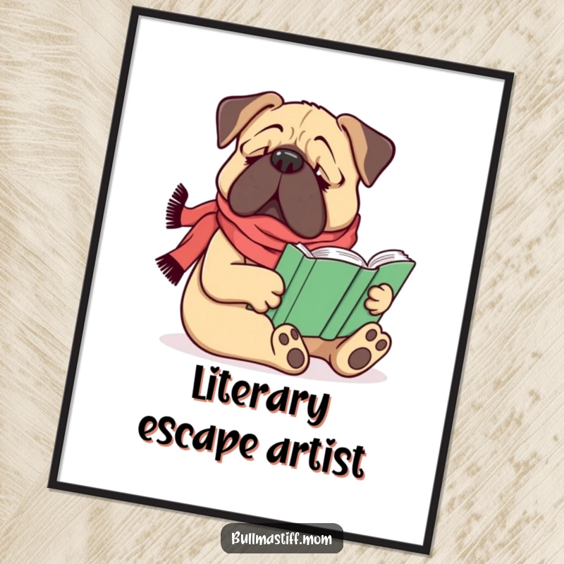 Funny Bullmastiff dog wearing a scarf, comfortably reading a book, as a digital art print, a funny gift.