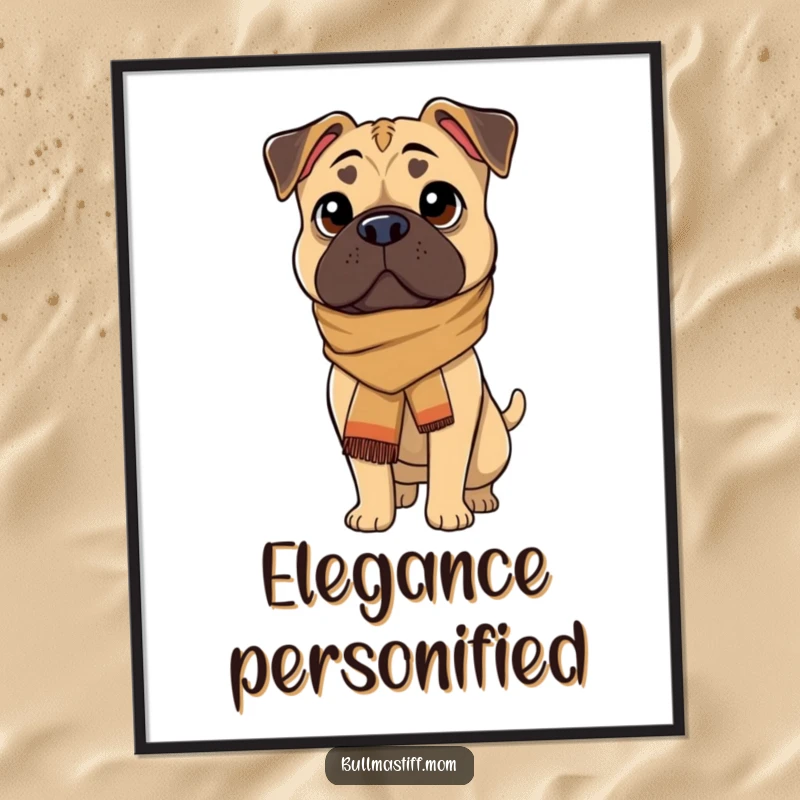 Funny digital art print of a Bullmastiff dog wearing a stylish scarf, looking sophisticated, perfect for wall art.