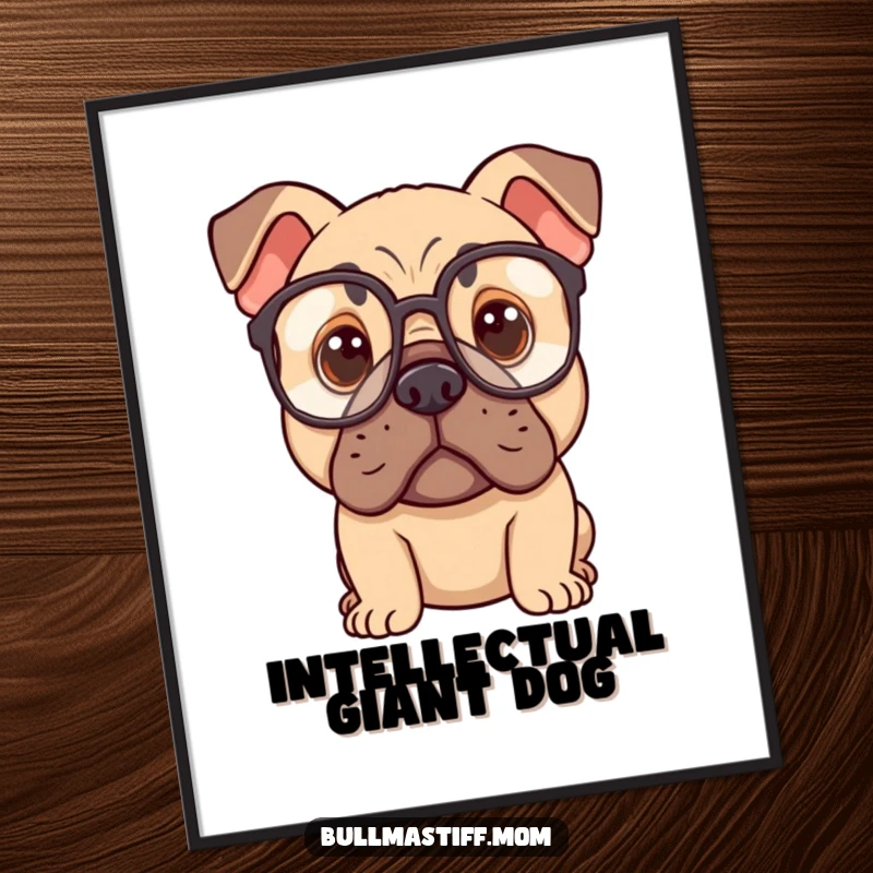 Funny digital art print of a Bullmastiff dog wearing oversized spectacles, looking thoughtful, perfect for wall art.