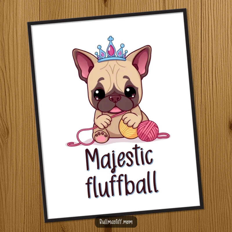 Funny Bullmastiff digital art print of a dog wearing a tiara, playfully batting at a yarn ball, perfect for a humorous home gallery.