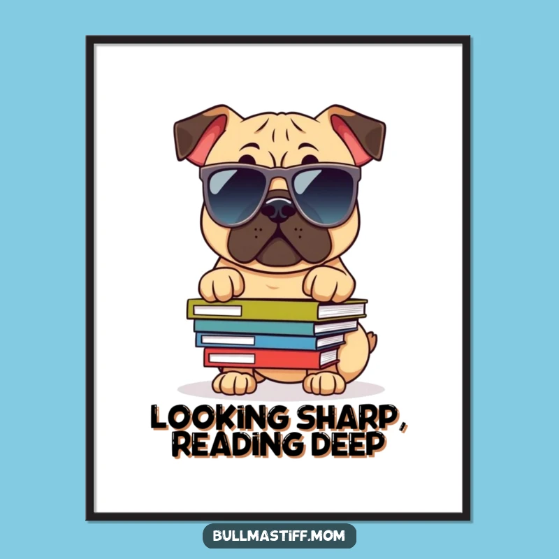 Funny Cool Bullmastiff Digital Art: Book Dog in Shades Print, Instant Funny Gift