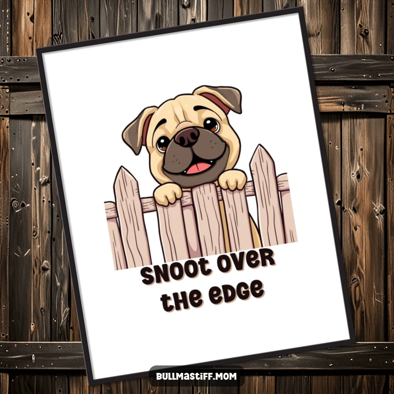 Funny Bullmastiff digital art print of a curious dog happily peeking over a fence, downloadable art for playful decor.