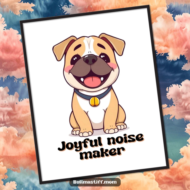 Funny Bullmastiff Digital Art Print: A smiling Bullmastiff with a bell collar, capturing pure joy and happiness.