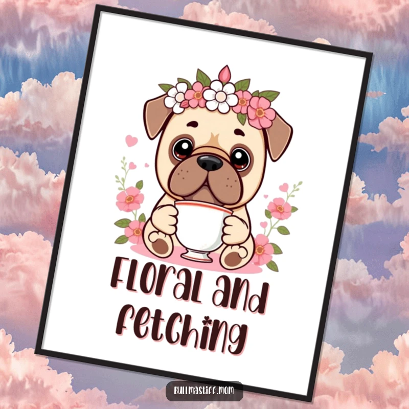 Funny Kawaii Bullmastiff Digital Art Print of a cute dog wearing a floral crown and holding a teacup, capturing humorous elegance.