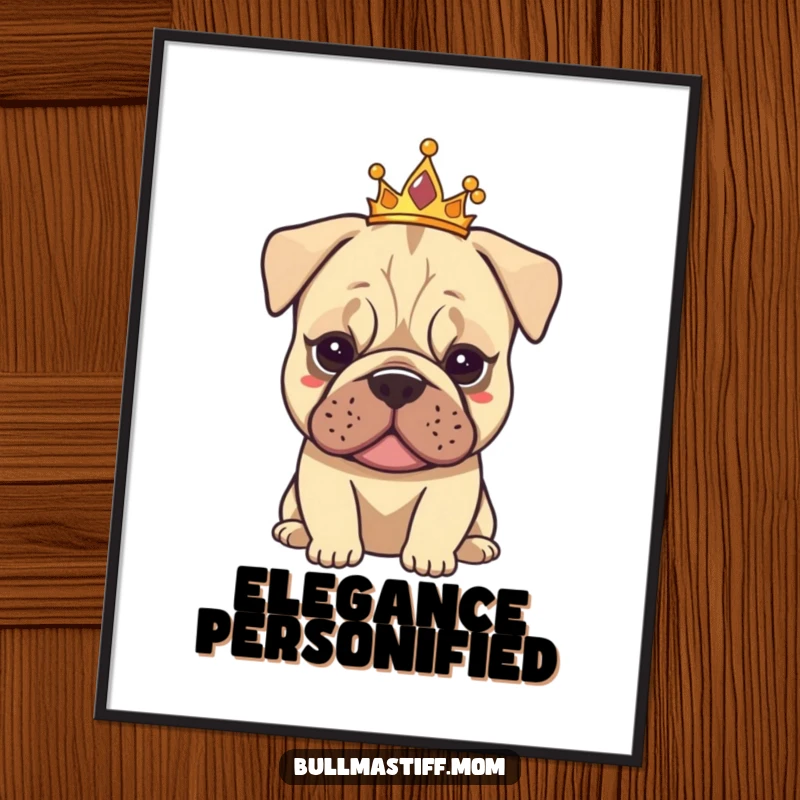 Funny Tiarad Bullmastiff digital art print of a dog wearing a small tiara, exuding calm elegance and gentle humor.