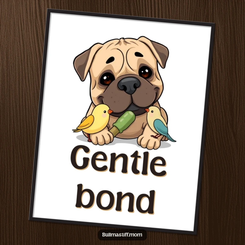 Funny Bullmastiff Digital Art Print of a smiling Bullmastiff sharing a chew toy with a tiny bird, offering instant heartwarming decor and humor.