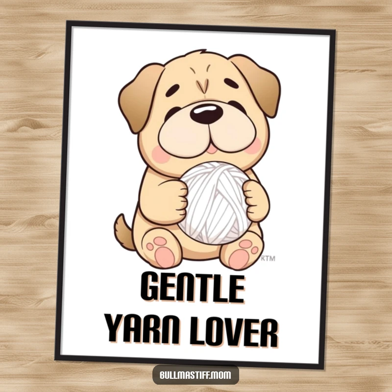 Funny digital art print of a smiling Bullmastiff holding a fluffy yarn ball, perfect for wall art.