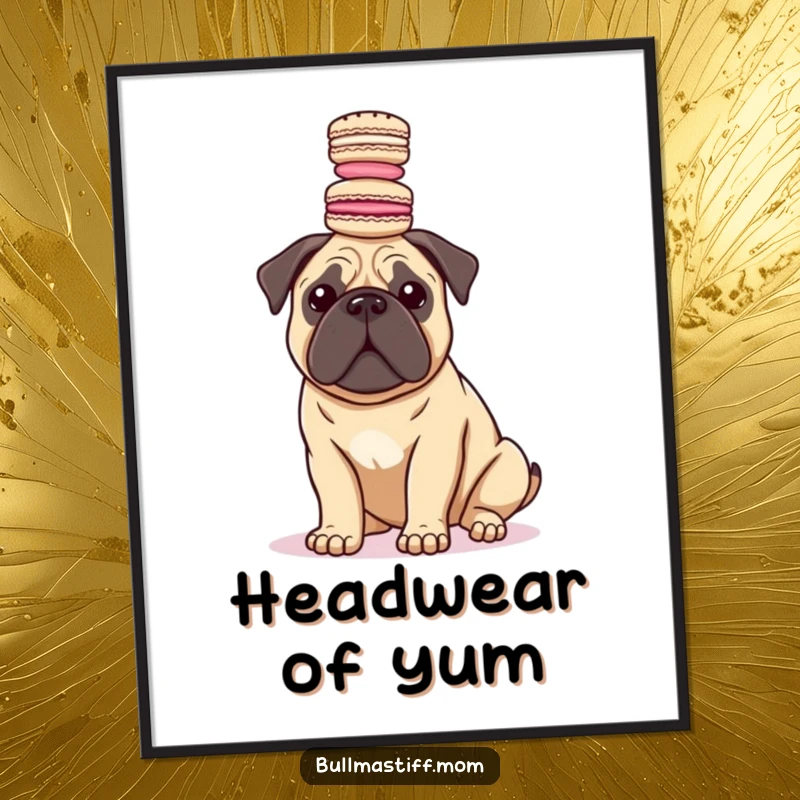 Funny Bullmastiff dog gracefully balancing a stack of macarons on its head, designed as elegant digital art.