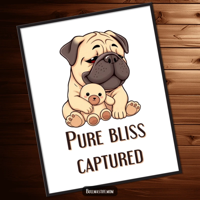 Funny Bullmastiff digital art print of a content dog holding a plush toy, radiating happiness and warmth.