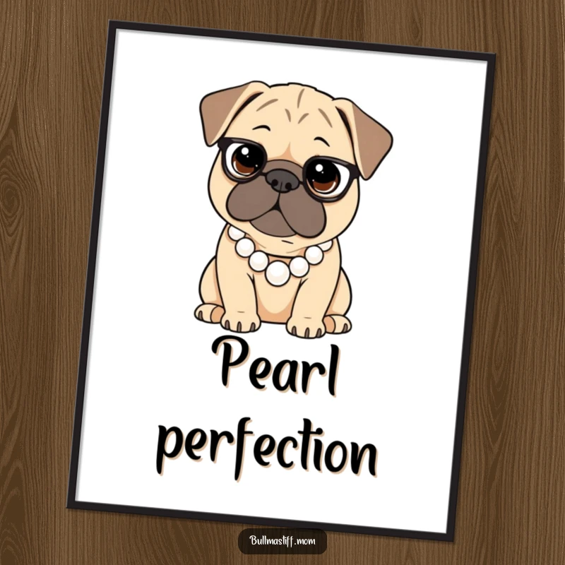 Funny Bullmastiff digital art print of a dog wearing a pearl necklace, looking sophisticated and elegant.