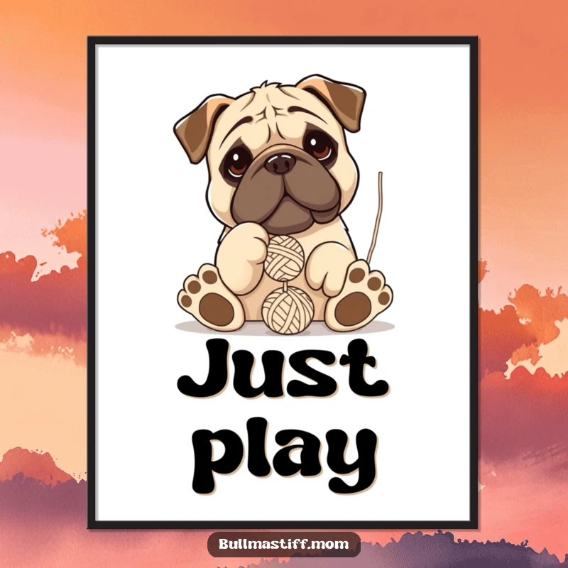 Funny Bullmastiff digital art print: a clumsy dog with oversized paws comically batting at a dangling ball of yarn.